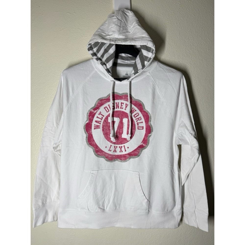Walt Disney World White Pink Red‎ Patch 71 Hoodie Hooded Sweater Striped SZ Xl